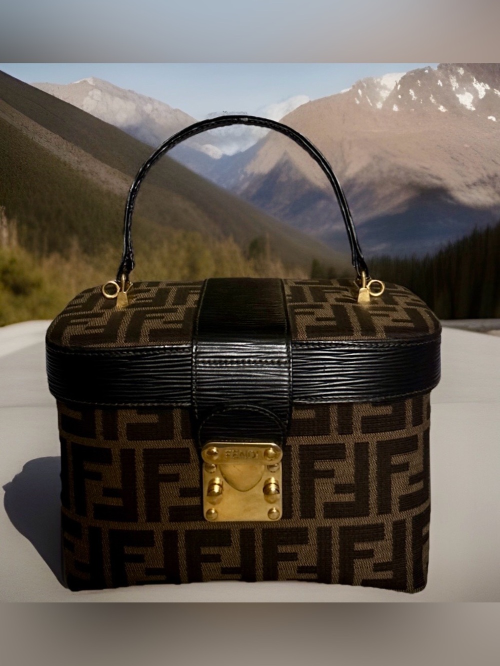 Fendi Zucca Canvas/Leather 2 way Vanity Bag Brown/Black Top Handle COA Dust Bag